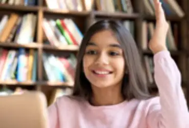 girl student raise her hand during online class